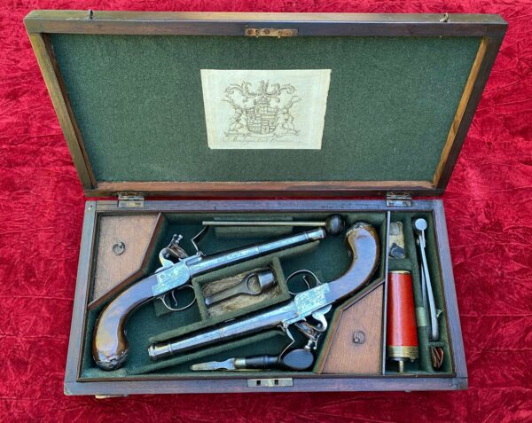 Pair of Flintlock Dueling Pistols with Case and Accessories, c